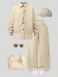 3pcs Girls Casual Striped Shirt, Grey Jacket Set, Autumn - Apricot - View 4