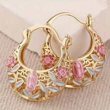 Elegant Bohemian Vintage Hollow Carving Earrings For - -Toned Floral & Leaf Hollow-Out Hoops With Pink/White/Green -Like Marquise-Like Stones, Wedding, Holiday, Everyday Jewelry Gift (Non-Precious Metal Electropl, For Teenager - 金色 - 查看 3