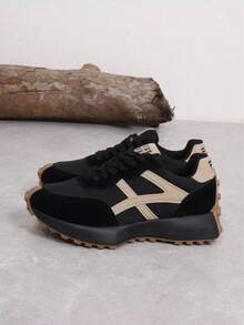 Women's Platform Sneakers, Casual Lace Up Outdoor Shoes, Comfortable Low Top Sport Shoes For Fall - Black - View 3