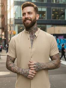 Men's Short Sleeve Shirt With Priest Collar Premium Quality Light And Fresh Fabric Easy To Iron - Camel - View 1
