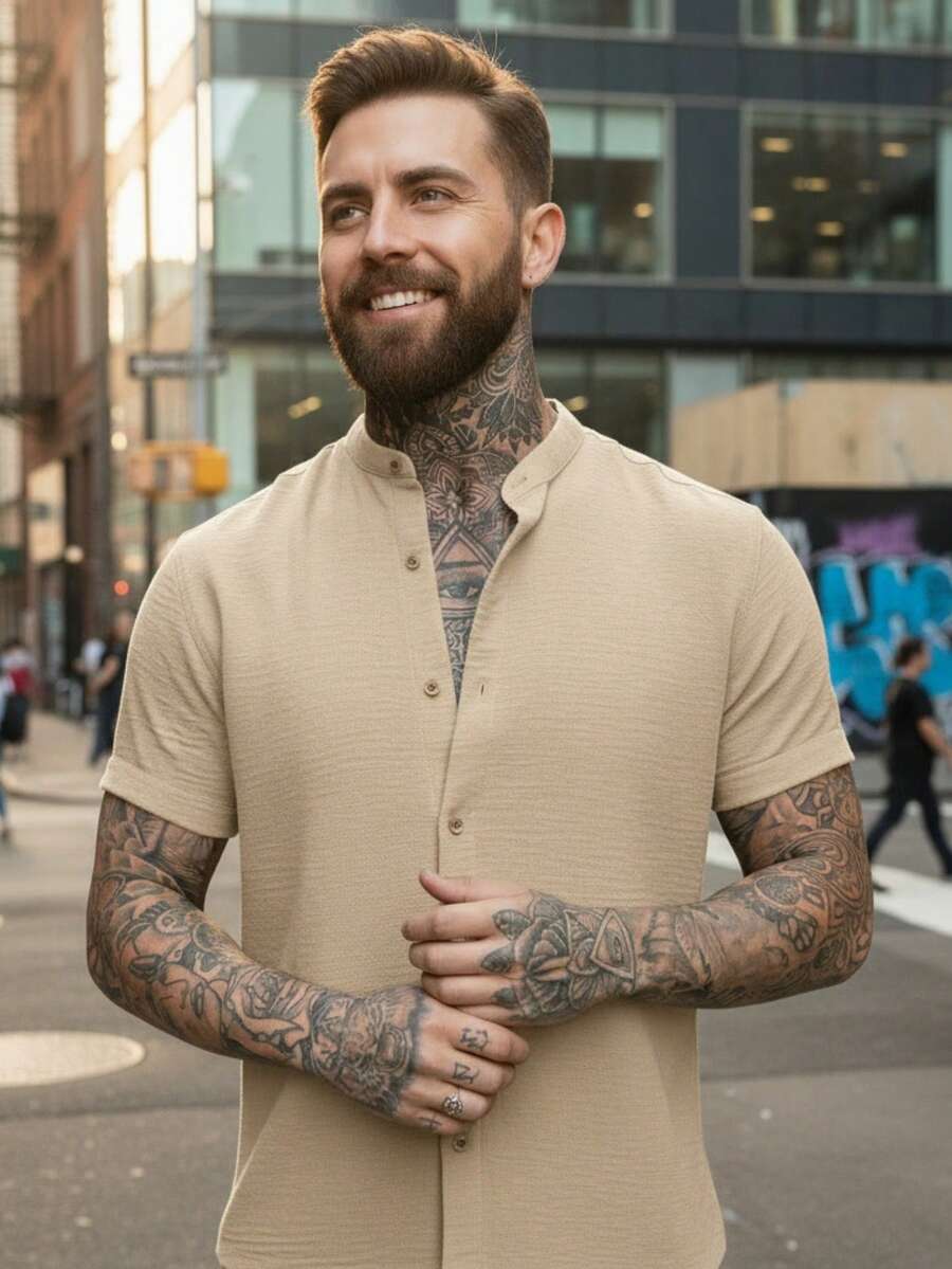 Men's Short Sleeve Shirt With Priest Collar Premium Quality Light And Fresh Fabric Easy To Iron - Camel - View 1