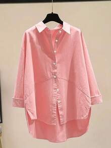 1pc Women's Solid Color Minimalist Button Up Shirt, For Daily Wear - Leather Pink - View 3