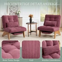 Modern Adjustable Backless Lounge Chair Made Of Fabric With Footrest, Lumbar Cushion And Wooden Legs For Living Room/Bedroom/Study - WINE RED + Corduroy - View 2