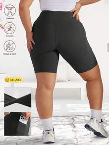 Plus Size Women's Solid Color Lightweight Cycling Shorts, High Waist Tummy Control Lifting Fitness Running Stretchy Shorts With Pockets - Black - View 6