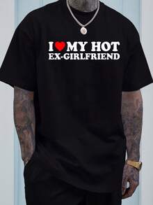 Men'S Casual Graphic Tee - Featuring Bold Red Text 'I Love My Hot Ex-Girlfriend', This Breathable Shirt Is Perfect For Daily Wear And Special Events.It'S Machine Washable And Designed With A Round Neck For All-Season Comfort, Made From 100% Weighing 180G. - Black - View 6