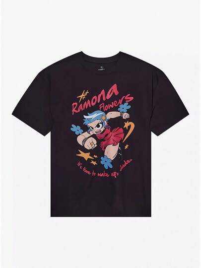Camiseta gráfica de Scott Pilgrim vs. The World Ramona Flowers - Camiseta unisex casual de peso pesado 180GSM con estampado de dibujos animados vibrante, manga corta y cuello redondo para hombres y mujeres, ropa de cultura pop, diseño divertido, estampado duradero