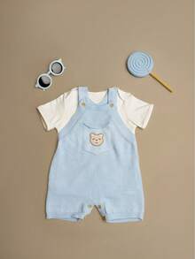 Delicate Knit Bodysuit With Bear Pocket - Baby Blue - View 3