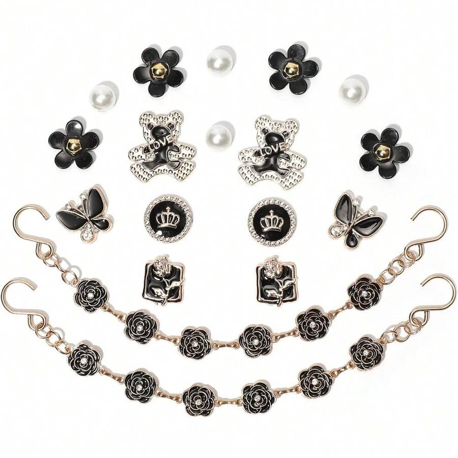18Pcs Flower Shoe Chain Charms For Women, Bling Shoe Charms For Girls Clog Sandals, Girly Shoe Chains, DIY Shoe Decoration Accessories For Party Favor - màu đen - Xem 1