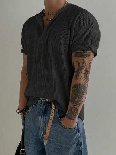 ヘンリー カラー ワッフル 半袖Tシャツ メンズ、軽量 通気性 ベーシックTシャツ、アメリカンミニマリストスタイル、オールシーズン着用可能