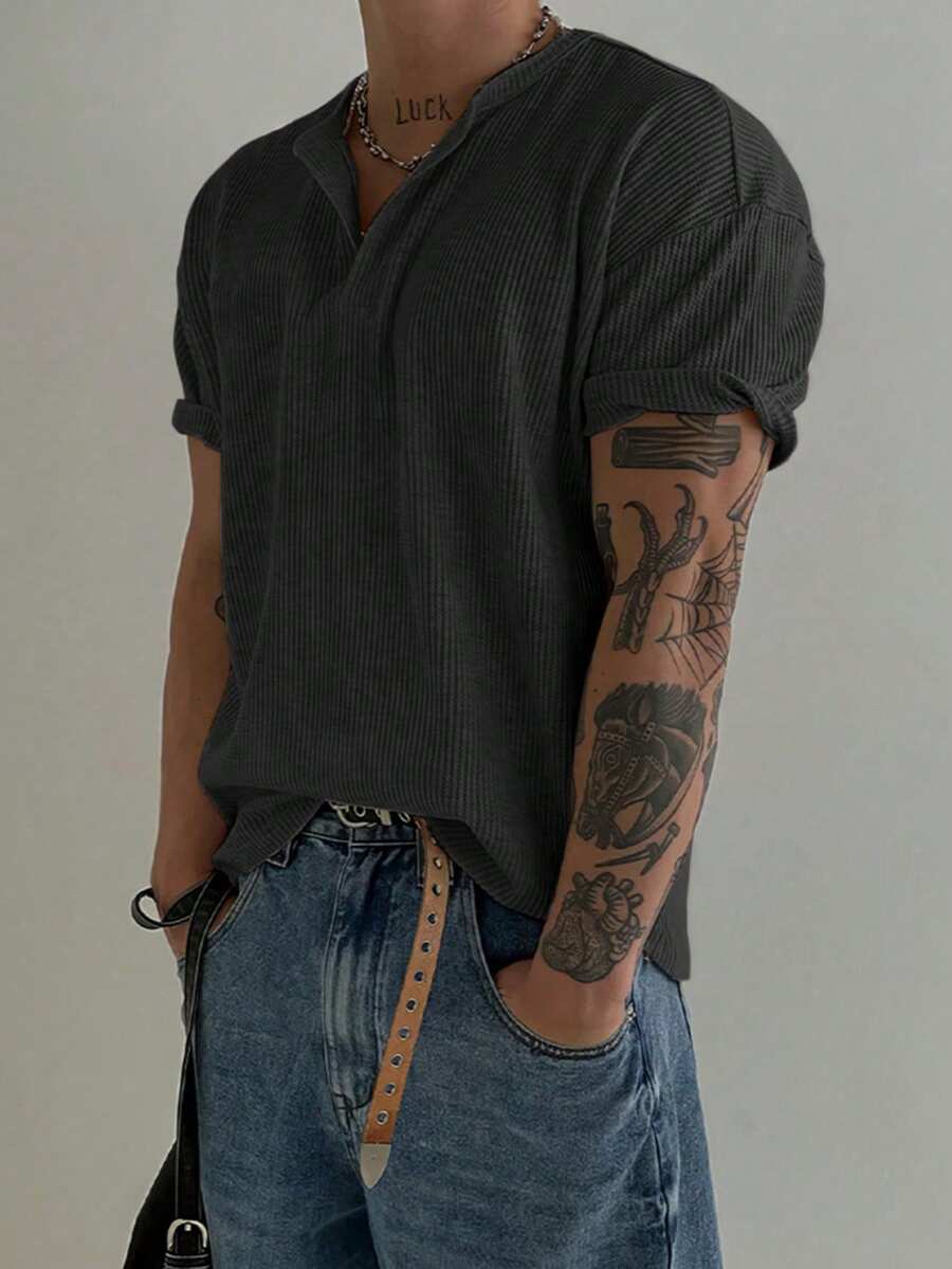 亨利领华夫格短袖T恤，男士款，轻盈透气基础款T恤，美式简约风格，四季皆宜 - 黑色 - 查看 1