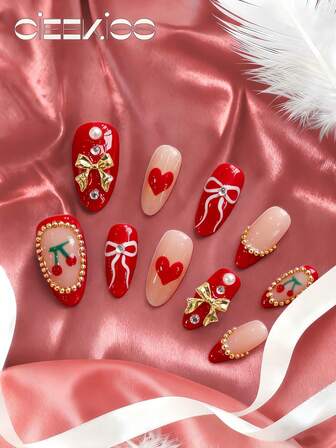 ดีไซน์ดั้งเดิม, แฮนด์เมด, เล็บอะคริลิคแบบกด 10 ชิ้น, เล็บอัลมอนด์สีแดง, ลายเชอร์รี่วาดด้วยมือ, เล็บสั้นปลายฝรั่งเศส, โบว์เมทัลลิกและของตกแต่งรูปหัวใจ, ดีไซน์ระยิบระยับหรูหรา, ธีมสาวบัลเลต์แสนหวาน - เหมาะสำหรับปิกนิกและออกเดท เซ็ตเล็บปลอมทรงอัลมอนด์สั้นนี้เป็นของขวัญที่สมบูรณ์แบบสำหรับการจัดแต่งทรงผมประจำวันและงานปาร์ตี้รื่นเริงของผู้หญิง