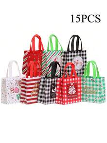 25pcs Christmas Gift Bags - Red & Black Plaid Non-Woven Tote Bags, Christmas Element Printed Decorative Non-Woven Fabric Gift Bags, Reindeer Bell And Stocking Design, Suitable For Party Favors And Holiday Gifts, Christmas Decorations