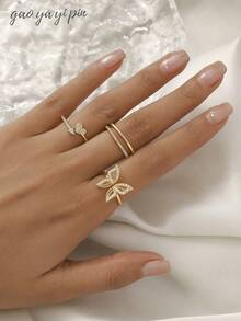 3pcs/Set Fashionable Open Cubic Zirconia Butterfly, Heart & Line Design Ring Set, Personalized INS Style Rings, Multiple Colors Available, Suitable For Women's Daily, Festival, Party Wear Or Gift
