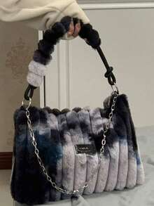 Dedoo 扎染毛绒单肩腋下包，一款奢华的女士单肩毛绒方形包，魅力十足，优雅时尚。适合女性日常通勤、聚会、婚礼、舞会等场合。 - 黑色 - 查看 5