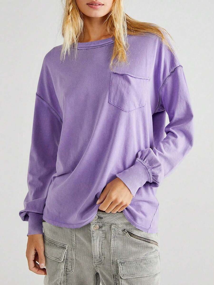 Camiseta de manga larga con cuello redondo y bolsillo, ajuste holgado y versátil, top tipo pullover de corte slim - Púrpura malva - Ver 1