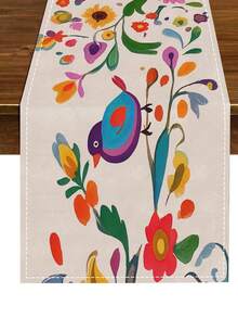 1 pieza Camino de mesa con flores de colores y pájaros, estilo granja, decoración para el hogar, restaurante, cocina, fiesta, de tela - Multicolor - Ver 6