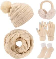 Un conjunto de bufanda de invierno tejida con guantes de pantalla táctil, orejeras cálidas, conjunto de calcetines de forro polar 5 en 1 - Beis - Ver 10