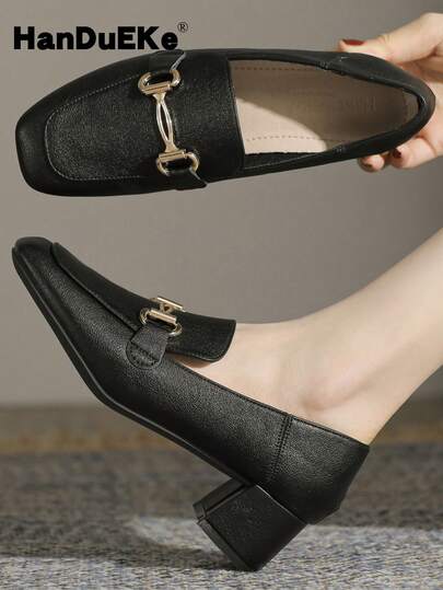 Women's Square Toe Chunky Heel Slip-On Loafers, New Fashion Metal Buckle Decor Commuting Oxfords, Black High Heels
