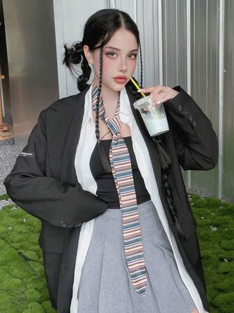 1条彩色条纹休闲波西米亚风涤纶时尚复古手工编织细长围巾/领巾/发圈，四季皆宜