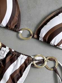 LUCKY HOLIDAY Conjunto de bikini de vacaciones de verano con triángulo y lazos laterales de oro con estilo sexy y elegante - Café con leche - Ver 5