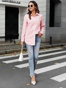 Elegante Camisa A Rayas Para Mujer,Camisa Con Botón Delantero,Blusa De Manga Larga - Rosa - Ver 5