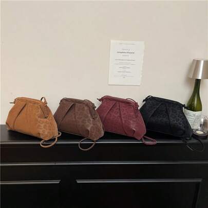 New Autumn/Winter Fashion Leopard Print Matte Clutch, Vintage Casual Pleated Cloud Pouch, Zipper Closure Women Handbag, Evening Bag, Travel Accessory Bag, Shoulder Crossbody Bag