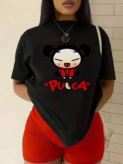 Camiseta de algodón 100% puro con estampado de personaje Pucca en negro - Estilo casual simple, camiseta de cuello redondo de manga corta suave y cómoda, moda urbana para todas las estaciones, ropa casual de calle| Round Neck Tshirtofertas playera de hombretops sudaderas para mujer