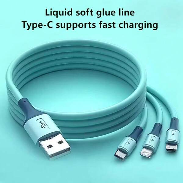 Cabo USB de carregamento rápido 3 em 1 para iPhone e Android - Cabo carregador de alta velocidade de 66 W com conectores tipo C e micro USB, cabo plano de silicone durável, rosa, compatível com Xiaomi e mais, cabo de carregamento rápido USB C