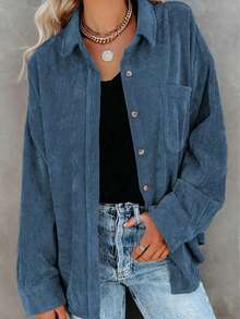 Plus Size Women Corduroy Long Sleeve Casual Shirt - Blue - View 3