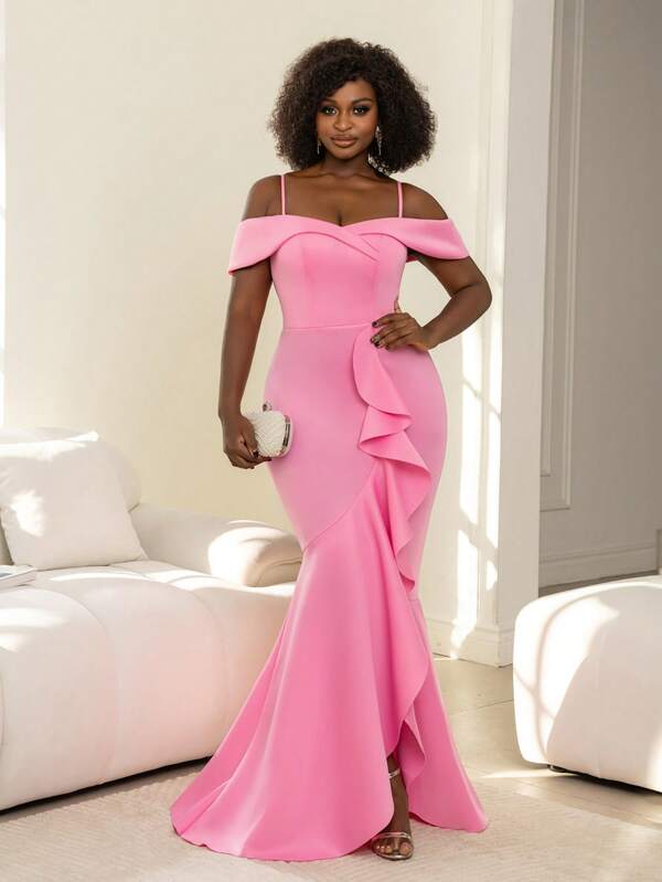 Faeriesty Vestido de noche de sirena con hombros descubiertos y volantes dramáticos en los hombros, y falda con capas - Silueta entallada y tela con un poco de elasticidad para bodas, galas, bailes de graduación y cenas formales