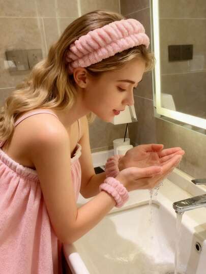 2025 New Fleece Headbands And Wristbands Set, With Water-Repellent Cover, Highly Absorbent And Dries Quickly, Suitable For Cleaning, Yoga, Beauty Treatments, And Independent Use. Available In 3 Colors, Suitable For Bathroom Decoration And Summer Use.