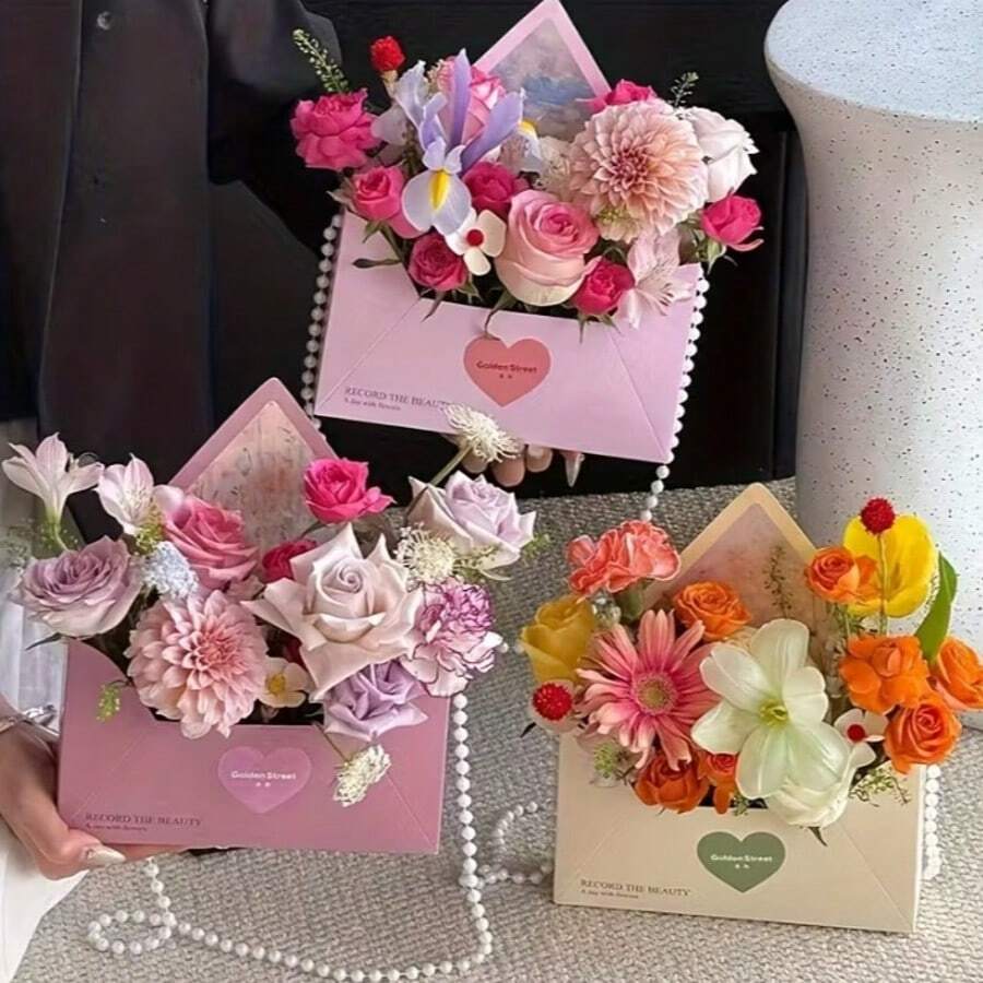 5/10 Hộp hoa kiểu phong bì thanh lịch được trang trí bằng họa tiết thư tình, có thể tái sử dụng, nhẹ và di động - Hoàn hảo cho việc tự cắm hoa, gói quà, bảo quản hoa tươi, bộ quà tặng lãng mạn, hộp đựng đồ cưới và những vật dụng cần thiết cho việc mua sắm đáng nhớ. Cũng tuyệt vời để lưu trữ đồ nướng. Hoàn hảo cho Ngày lễ tình nhân, đám cưới, Ngày của Mẹ/Tốt nghiệp/Ngày Nhà giáo, v.v. - Nhiều màu - Xem 1
