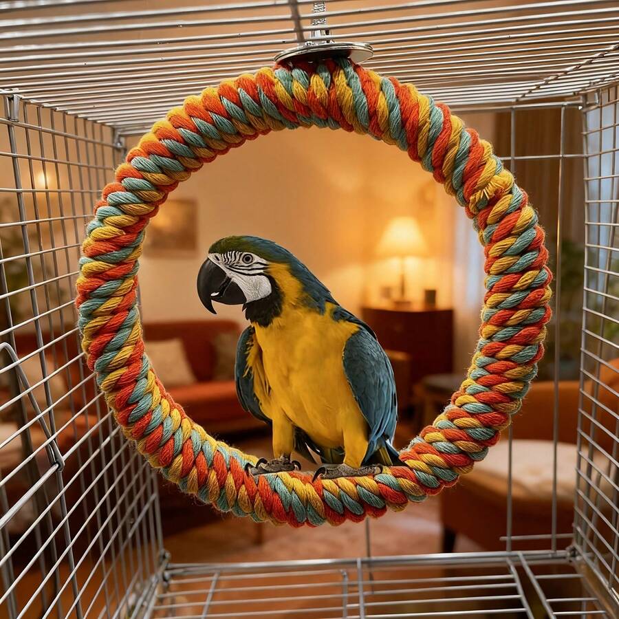 Columpio de anillo creativo para loro, juguete de loro de cuerda de algodón colorida y aro colgante, adecuado para cacatúas, guacamayos y loros para masticar, trepar y jugar