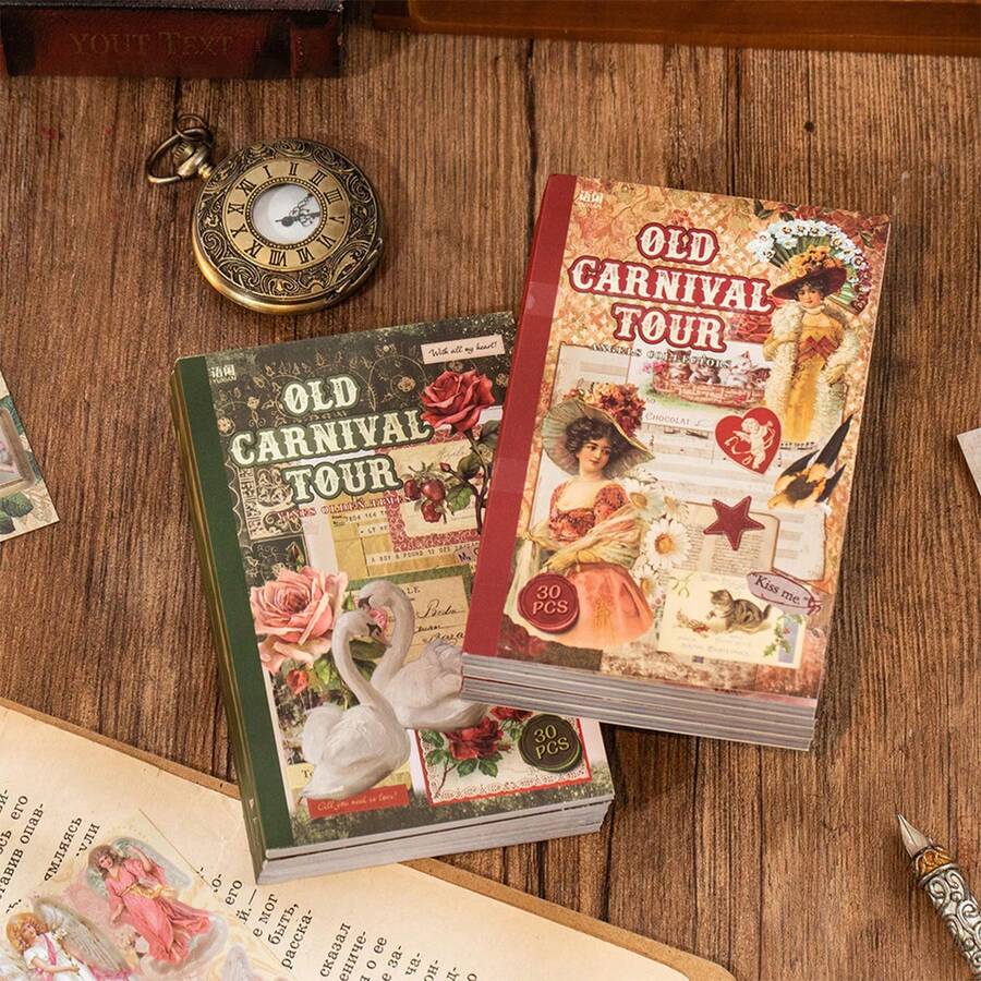 1 Book Of 30pcs Vintage Amusement Park Series Sticker Set, Office Supplies, School Student Stationery, Retro Style Versatile Patterns For Scrapbooking, DIY Decoration, Back To School Stickers Scrapbook Supplies Funny Stickers Kindle - Multicolor - View 1