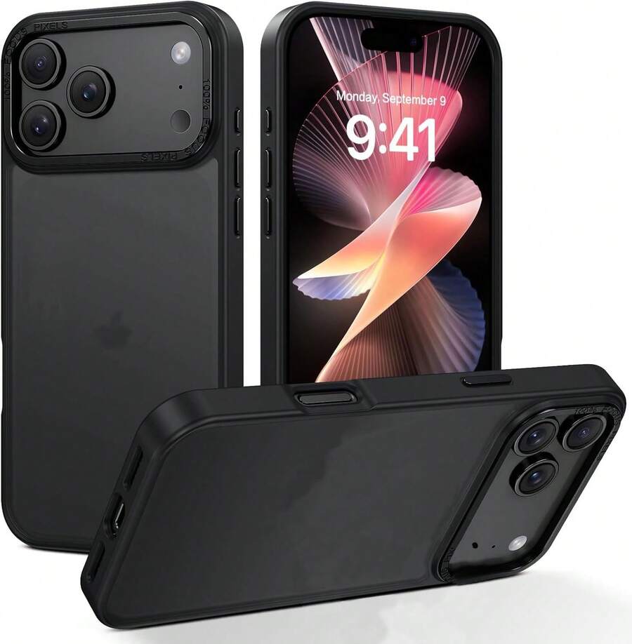 Meloenvias Funda trasera rígida para iPhone 17 Pro carcasa híbrida con borde elevado de metal para la cámara, parte trasera de policarbonato translúcido color negro y laterales de TPU absorbente de impactos - Negro - Ver 1