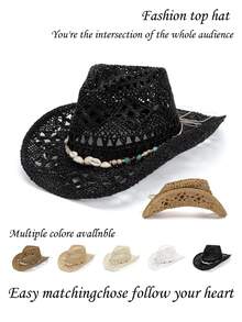 1顶男女通用木珠贝壳装饰西部牛仔帽，镂空印花草编遮阳帽，适合春夏旅行、海滩、休闲佩戴（帽檐可能因变形而在收到产品后需要手动调整） - D - 查看 8