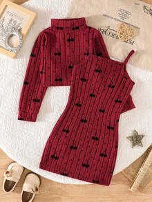 2pcs/Set Young Girls Baby Girl Fashion Elegant Ladylike New Arrival Hot-Selling Cherry Polka Dot Crew Neck Long Sleeve Cropped Top & Cami Dress Outfit Set