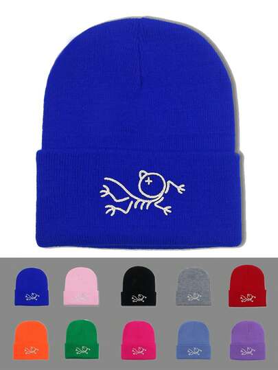 1pc Cartoon Bird Embroidered Streetwear Retro School Style Knit Beanie Hat, Warm Winter Headwear For Men