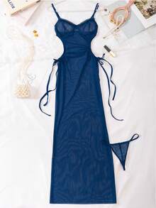 2pcs New Mesh Sheer Underwire Sexy Lingerie Set With Cutout Waist, Camisole And Shorts - Navy Blue - View 12