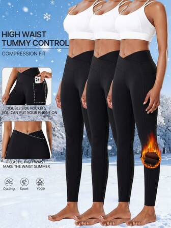 Set de 3 piezas Mallas térmicas de compresión suaves y forradas para mujer, de unicolor con bolsillos laterales, cintura en V, cintura alta, aptas para correr, hacer ejercicio, deportes al aire libre, ciclismo, fitness, yoga en otoño/invierno