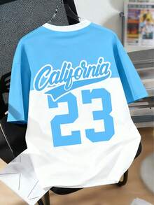 1 pieza Camiseta de manga corta de cuello redondo suave y cómoda con bloqueo de color y letra de California para niños, adecuada para deportes al aire libre, primavera/verano - Celeste - Ver 2