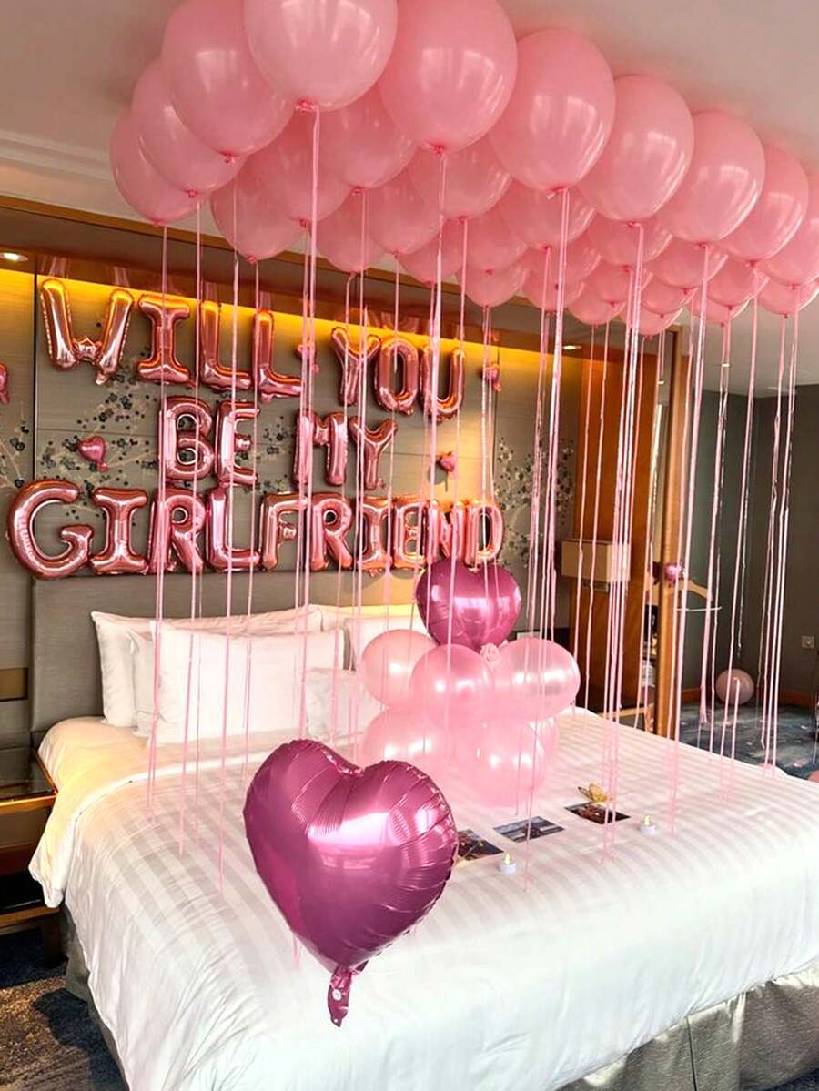 48pcs Proposal Balloon Set, 16" Rose Gold "WILL YOU BE MY GIRLFRIEND" Letter Balloons, 18" Pink Heart Foil Balloons, Pink Latex Balloons For Valentine's Day Party, Anniversary, Proposal Decoration - 彩色 - 查看 1