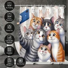 1件猫咪造型浴帘，可爱有趣，可用手机拍照，防水防霉，可机洗，涤纶材质，不透光，轻便透气。颜色可能因光线条件略有不同。包含12个挂钩 - 艺术浴室装饰。 - 彩色 - 查看 4