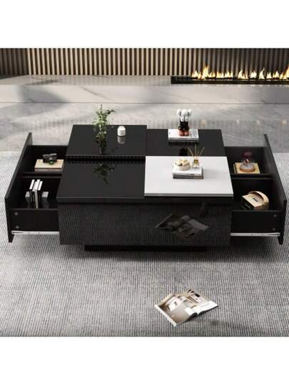 Moderne Square High Gloss Zwart Sofa 75*75*33.5 Cm Slatted Base, Small Sliding Tabletop In Contrasting White, Max. Load Capacity 30 Kg view 3