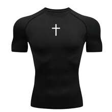RASH GUARD SHORT-SLEEVED COMPRESSION T-SHIRT WITH CROSS DESIGN FOR WORKOUTS AND THE GYM - màu đen - Xem 1
