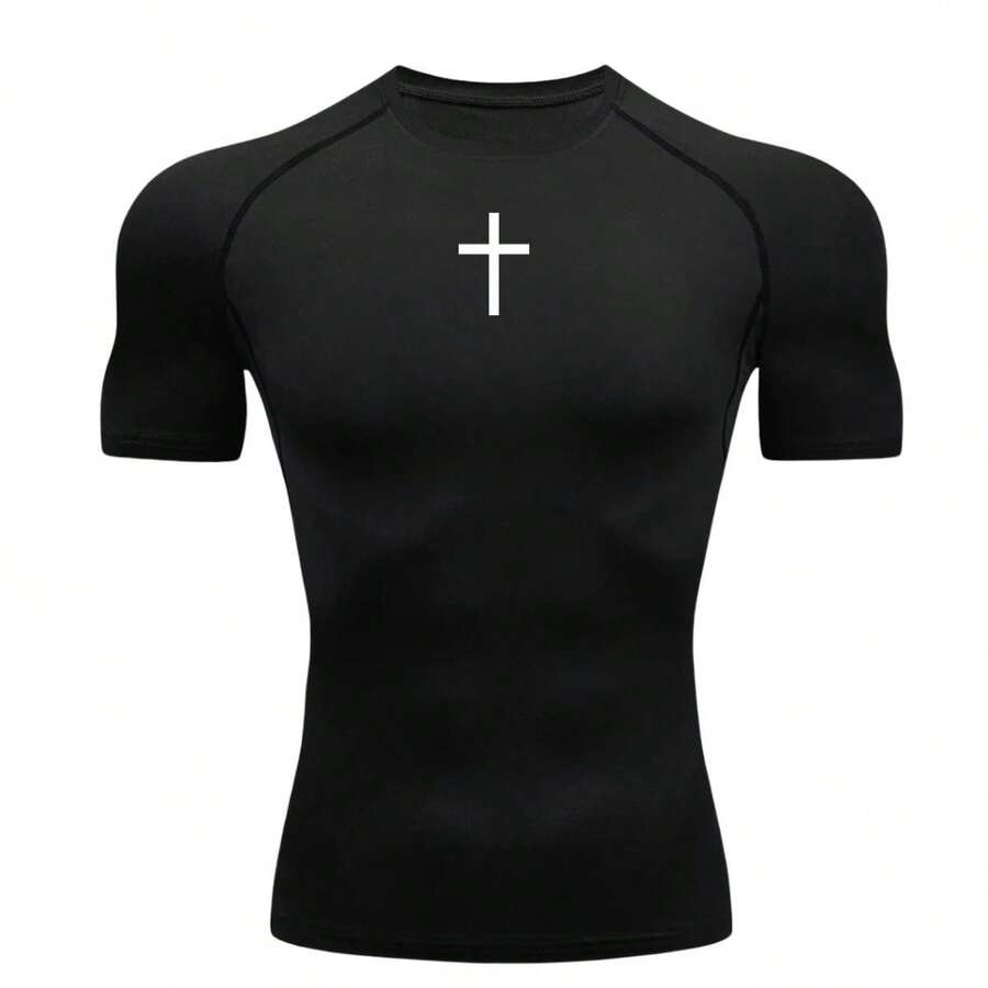 RASH GUARD SHORT-SLEEVED COMPRESSION T-SHIRT WITH CROSS DESIGN FOR WORKOUTS AND THE GYM - màu đen - Xem 1