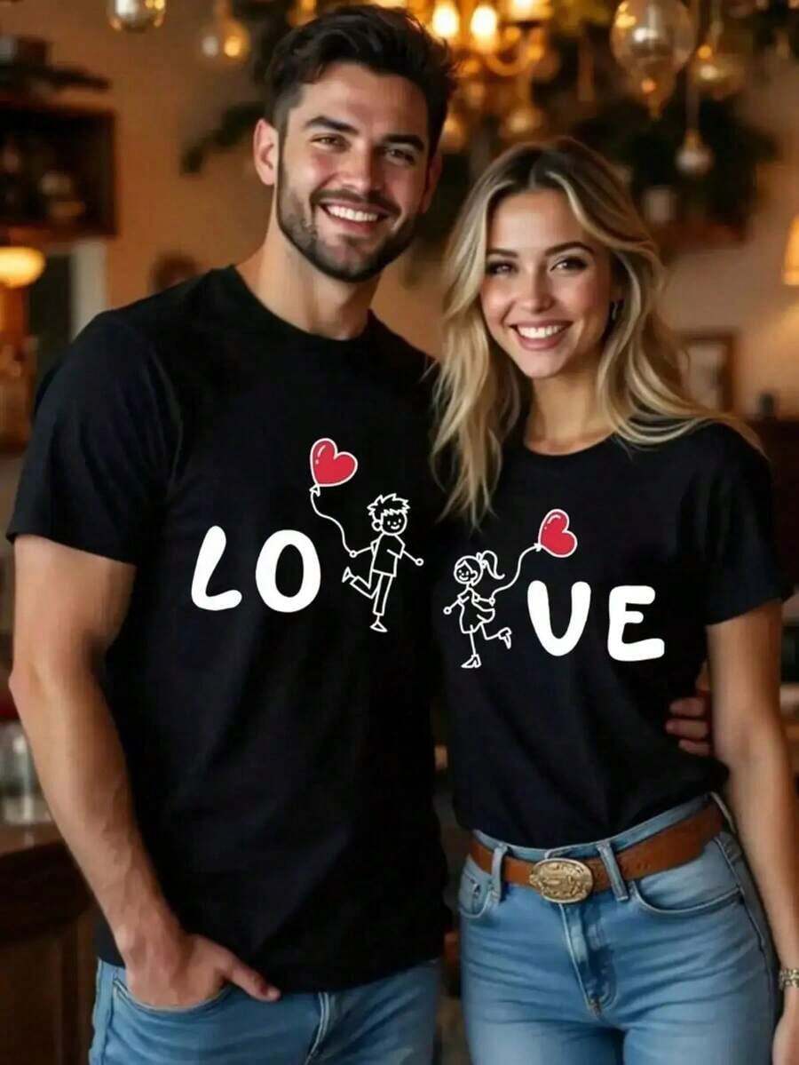 Couple Matching Printed Sleeve Collar-Shirts, Casual Short-Sleeve Tops Couples In Spring And Summer, Women'S Clothing.2026 - Áo đen dành cho nữ - Xem 1