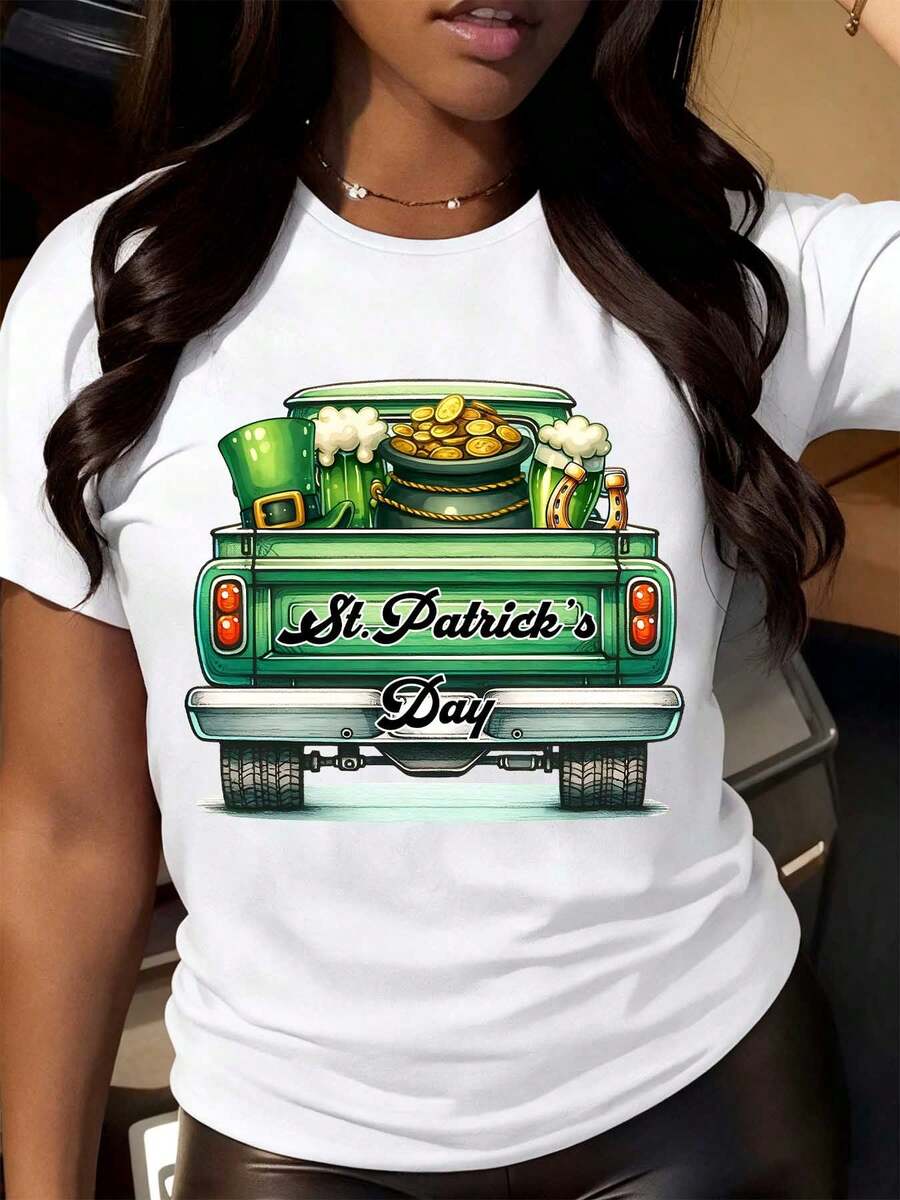 St Patricks Day Truck T-Shirt Green Beer Pot Of Gold Irish Celebration Shirt Women Men Unisex Holiday Tee - 白色 - 查看 1