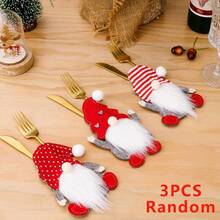 6 piezas Portacubiertos Navideño - Organizador de cubiertos de tela con diseño de Papá Noel y enanito con acentos en forma de corazón, con patrones a rayas rojas y blancas y de lunares, para decoración navideña de la mesa, decoración de mesa navideña, cubiertos no incluidos - Multicolor - Ver 9