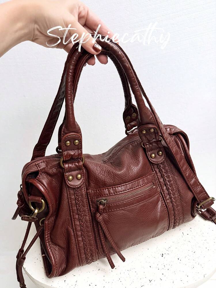 STEPHIECATHY Vintage Casual Cool Street Style Unisex Handbag, Soft Washed PU Leather, Zipper Closure, Zipper Pocket, Woven Decor, Large Capacity, Compact Size, Adjustable Long Shoulder Strap, Crossbody Shoulder Bag, Top Handle, Versatile For Women Daily, College, Commute, Travel - Multicolor - View 5